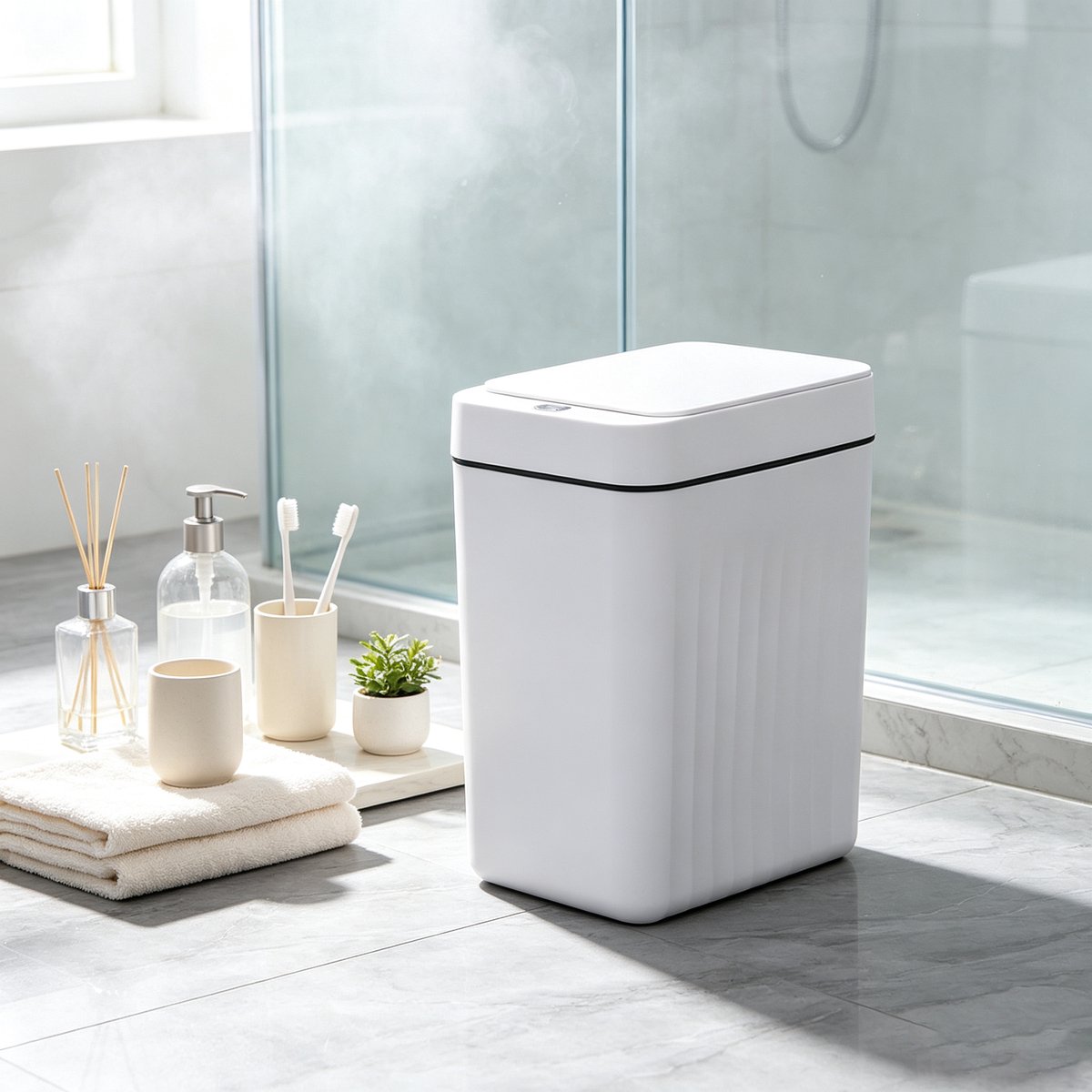Sensor Prullenbak 16L Wit Oplaadbaar USB Automatisch Touchless Afvalbak met Sensor Geribbeld Ontwerp voor Keuken Badkamer Woonkamer Kantoor