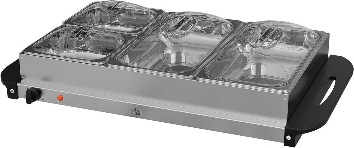 Buffetwarmer RVS - Voedselwarmer Warmhoudplaat - Feestjes Buffet - Instelbare Thermostaat - 64 x 364 x 14 cm - Zilver