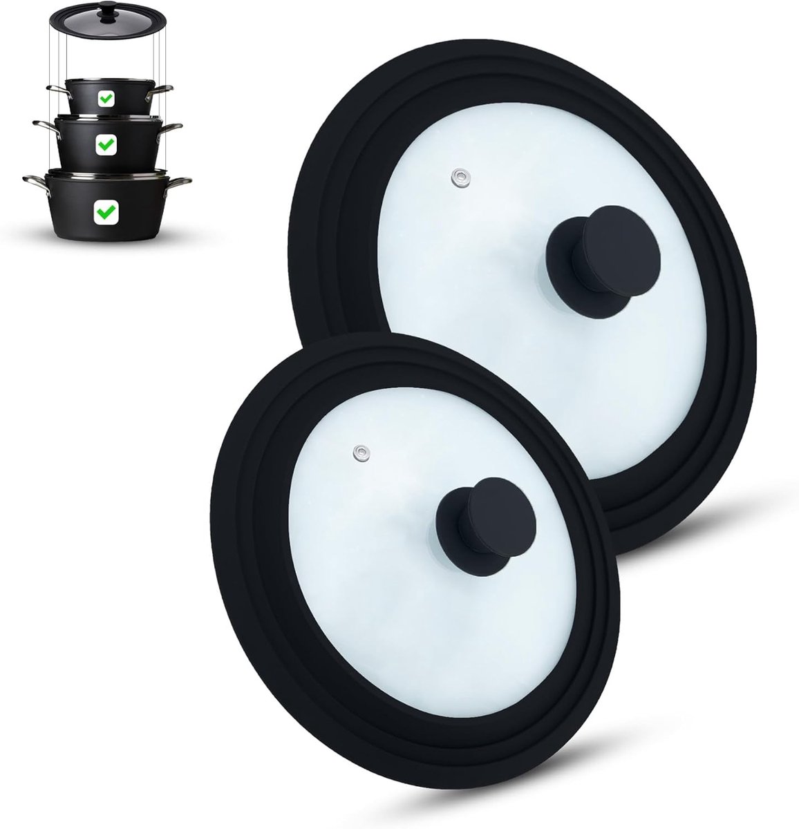 SnelShoppen - Set van 2 Universele Glazen Deksel, 2-Stuks, Voor Pannen en Potten Ø 16/18/20 & 24/26/28 cm, Met Afvoerventiel en Siliconen Rand (Zwart)