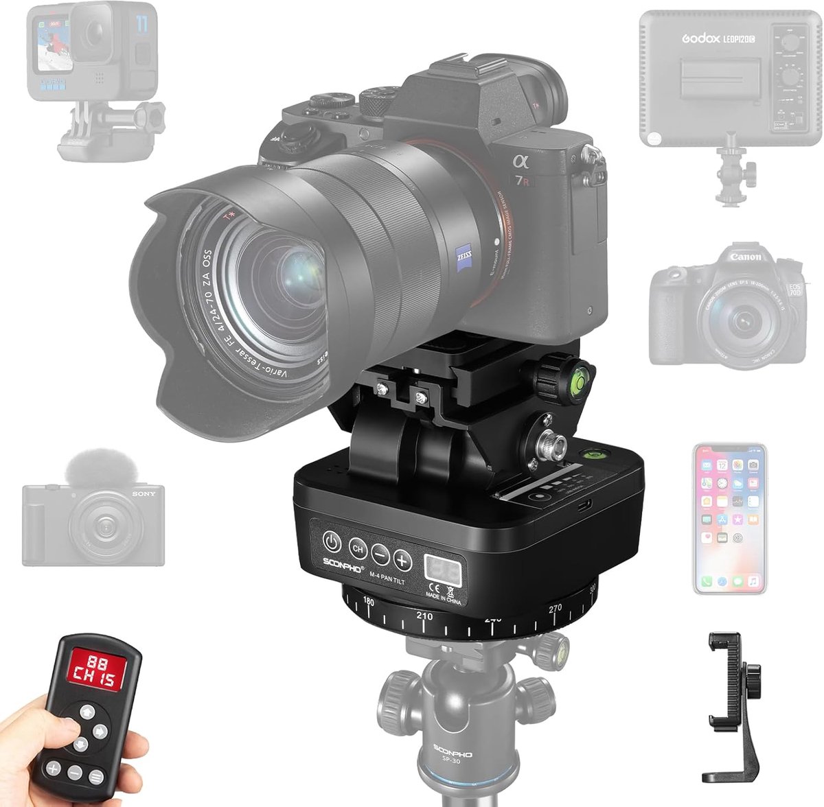 SnelShoppen - Motorized Panorama Statiefkop met Afstandsbediening, 360° Elektrisch, Pan Tilt, Voor DSLR Camera's en Smartphones, Inclusief Telefoonhou