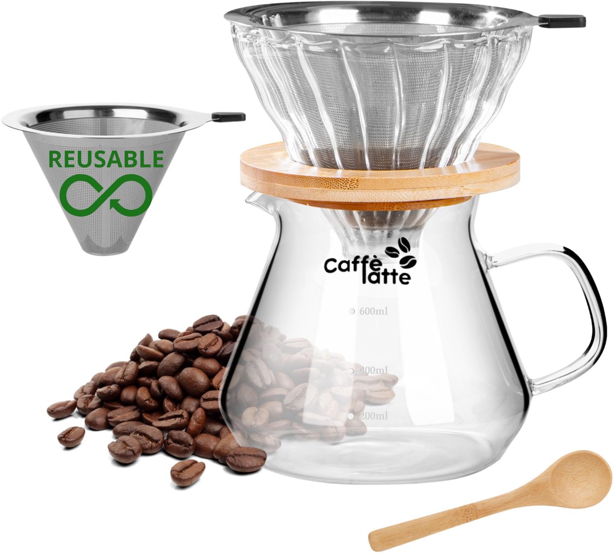 SnelShoppen - Caffè Latte Handmatige Glazen Cafetière 600 ml - Filterkoffiezetter met Herbruikbaar RVS Filter en Bamboe Basis - Koffiekan Inclusief Le