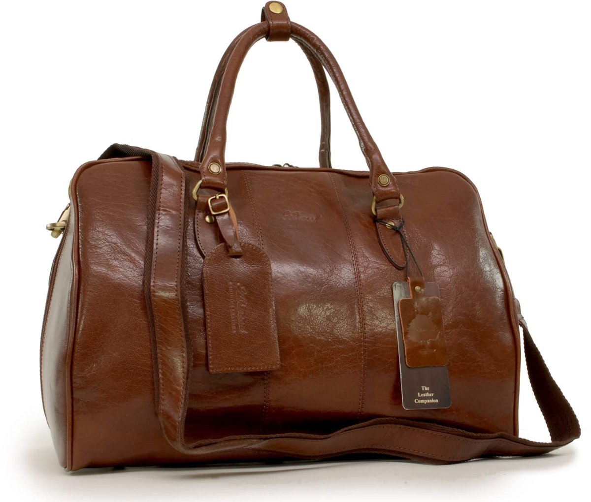 SnelShoppen - Leren Weekendtas voor Heren - Middelgrote Reistas van Echt Leer - Travel Bag met Verstelbare en Afneembare Schouderriem - Harry - Kastan