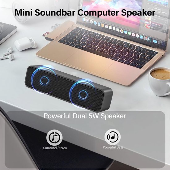 SnelShoppen - SoundBar Mini USB Speaker - Plug and Play Computer Speaker voor Laptop, PC, Notebook, Tablet - Blauwe Grijze Kleur - Ideaal voor Thuis, — afbeelding 2