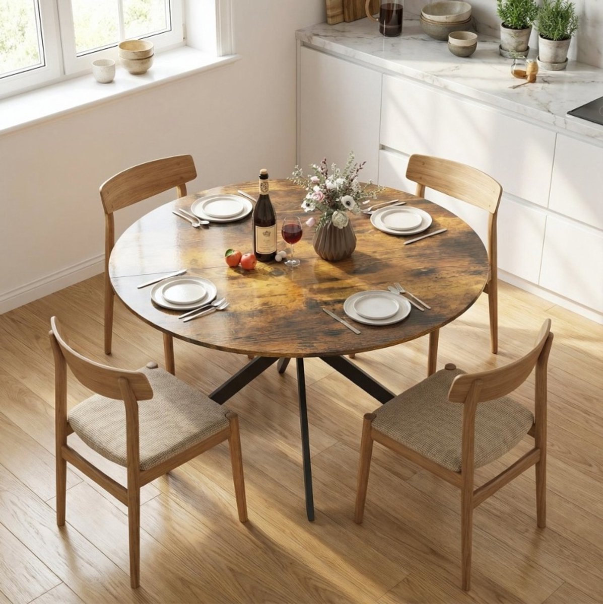 COVREO Ronde eettafel 120 cm, rustiek bruin, hout en metaal, voor 4 personen Rustic Brown