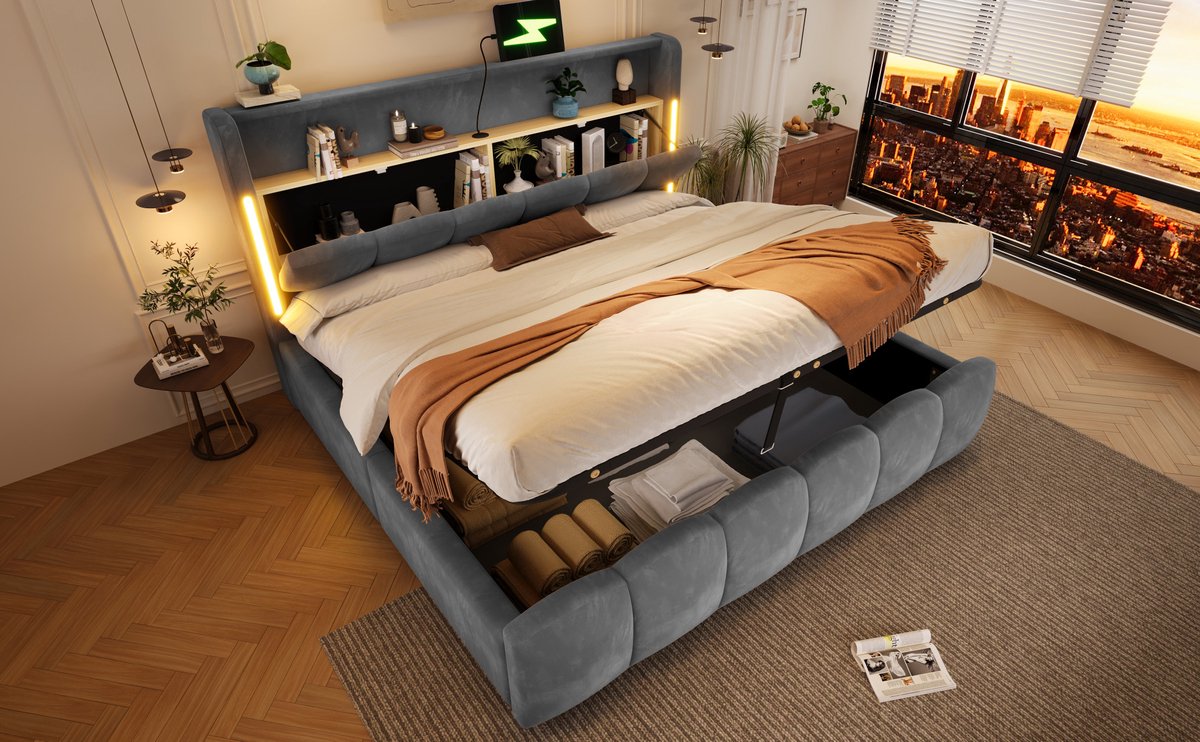 FloraGrace Gestoffeerd Bed 180 x 200 cm - LED Verlichting Met USB en USB-C - Opbergruimte In Hoofdbord - Velours - Grijs Zonder Matras