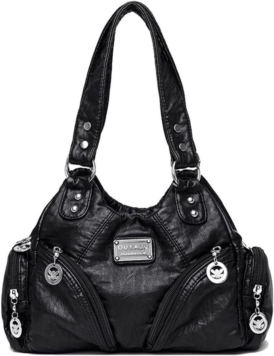 SnelShoppen - Dames Hobo Handtas PU Leer Schoudertas Crossbody Vintage Handbag Zwart 29x11x22 cm Perfect voor Dagelijks Gebruik