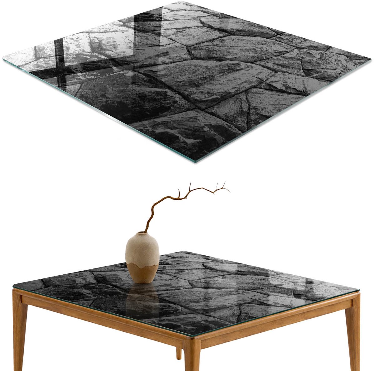 ArtPrintCave Stenen constructie Glazen Tafelblad - 50x50 cm - Tafelblad Vierkanten - Grijs Tafelblad Glas - Texturen Keukentafel