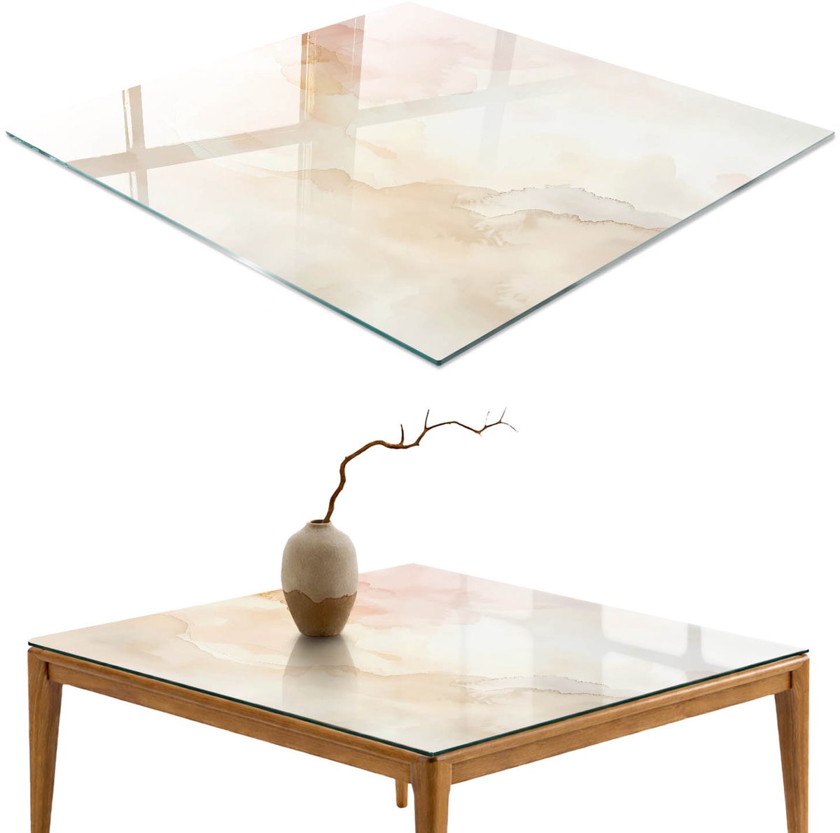 ArtPrintCave Pastel abstractie Glazen Tafelblad 60x60 cm - Tafelblad Rechthoek - Beige Keukentafel - Abstractie Tafelblad Glas