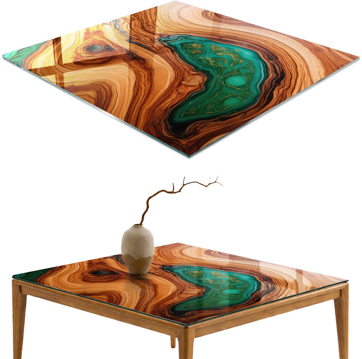 ArtPrintCave Houten golven Glazen Tafelblad - 50x50 cm - Tafelblad Vierkanten - Bruin Eettafel Met Glasplaat - Abstractie Eettafel Met Glasplaat