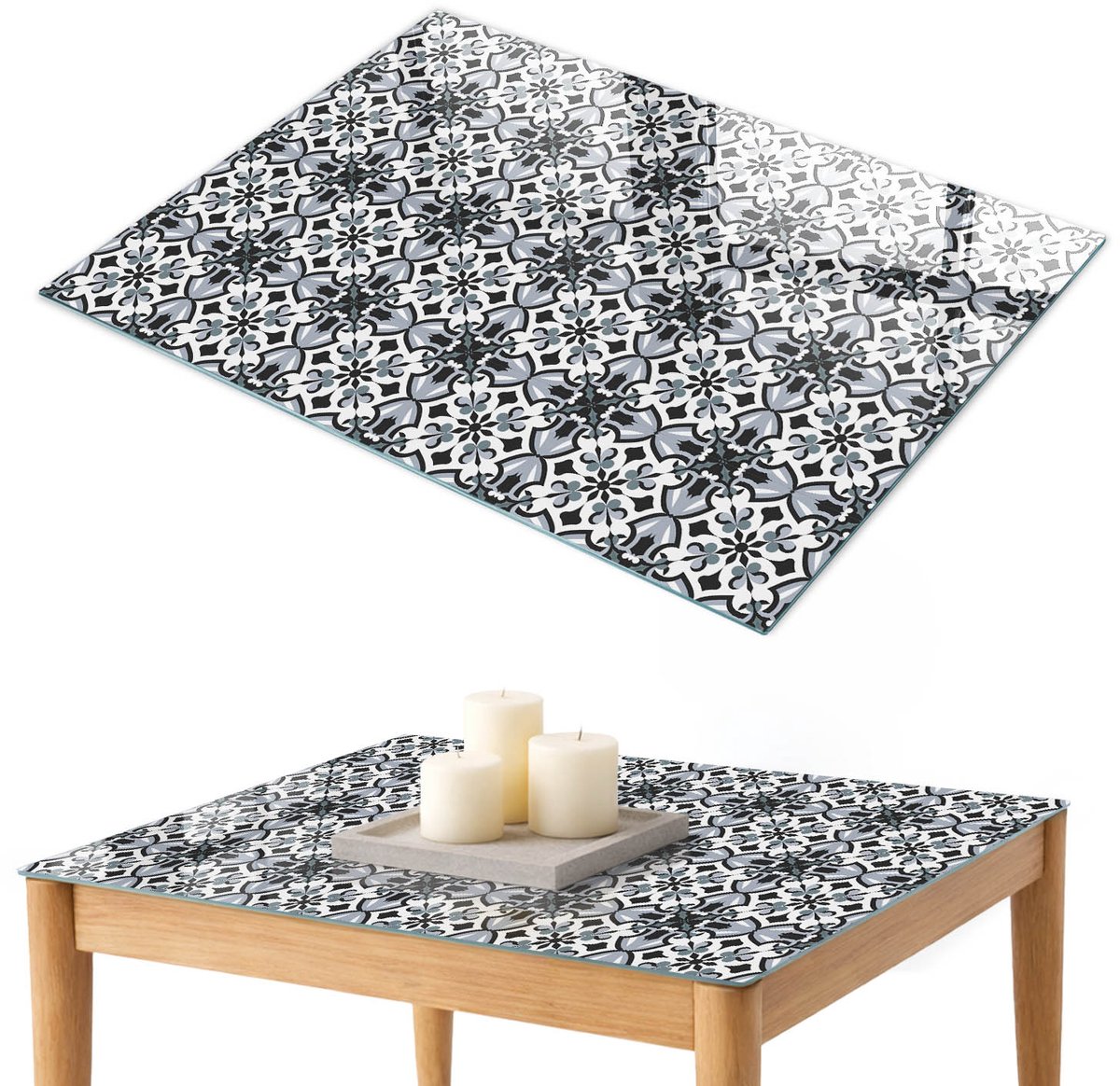 ArtPrintCave Klassiek patroon Glazen Tafelblad 100x70 cm - Tafelblad Rechthoek - Zwart Glazen Eettafel - Achtergronden en patronen Terrastafel