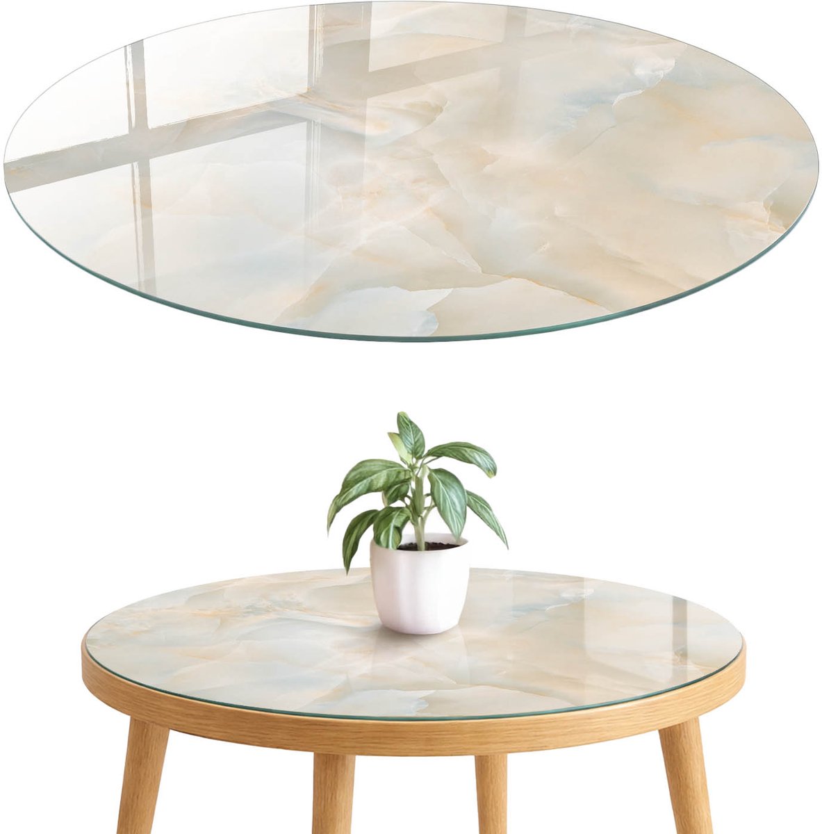 ArtPrintCave Subtiele abstractie Glazen Tafelblad fi70 cm - Tafelblad Rond - Beige Glazen Eettafel - Abstractie Tafelblad Glas