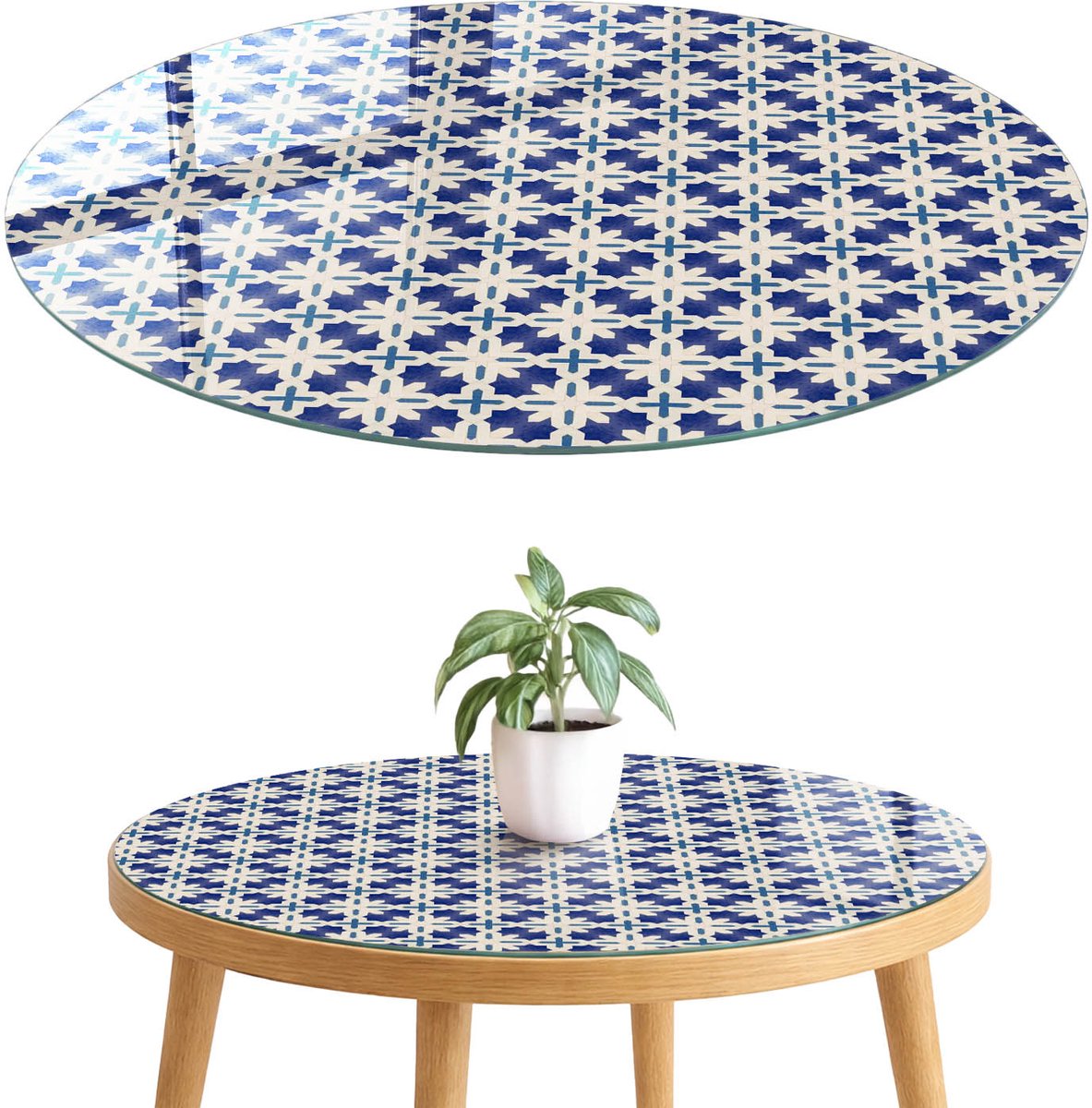 ArtPrintCave Geometrische elegantie Glazen Tafelblad fi70 cm - Tafelblad Rond - Marine Bureaublad - Geometrie Keukentafel