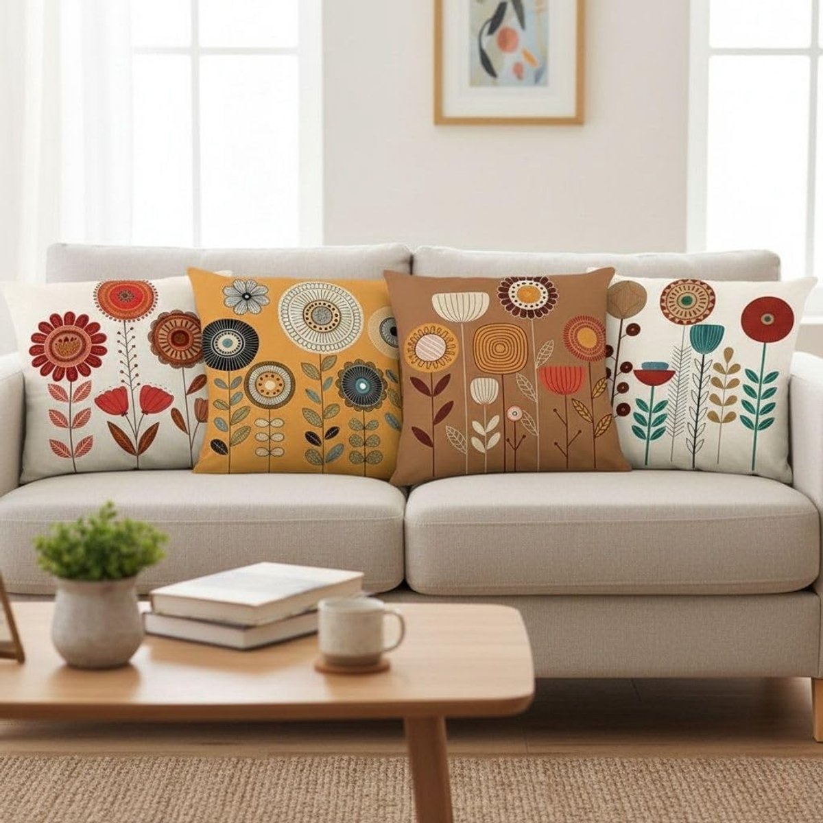 Set van 4 retro bloemen kussenslopen 45 x 45 cm in gebrand oranje en mosterdgeel, linnen decoratie voor woonkamer en slaapkamer