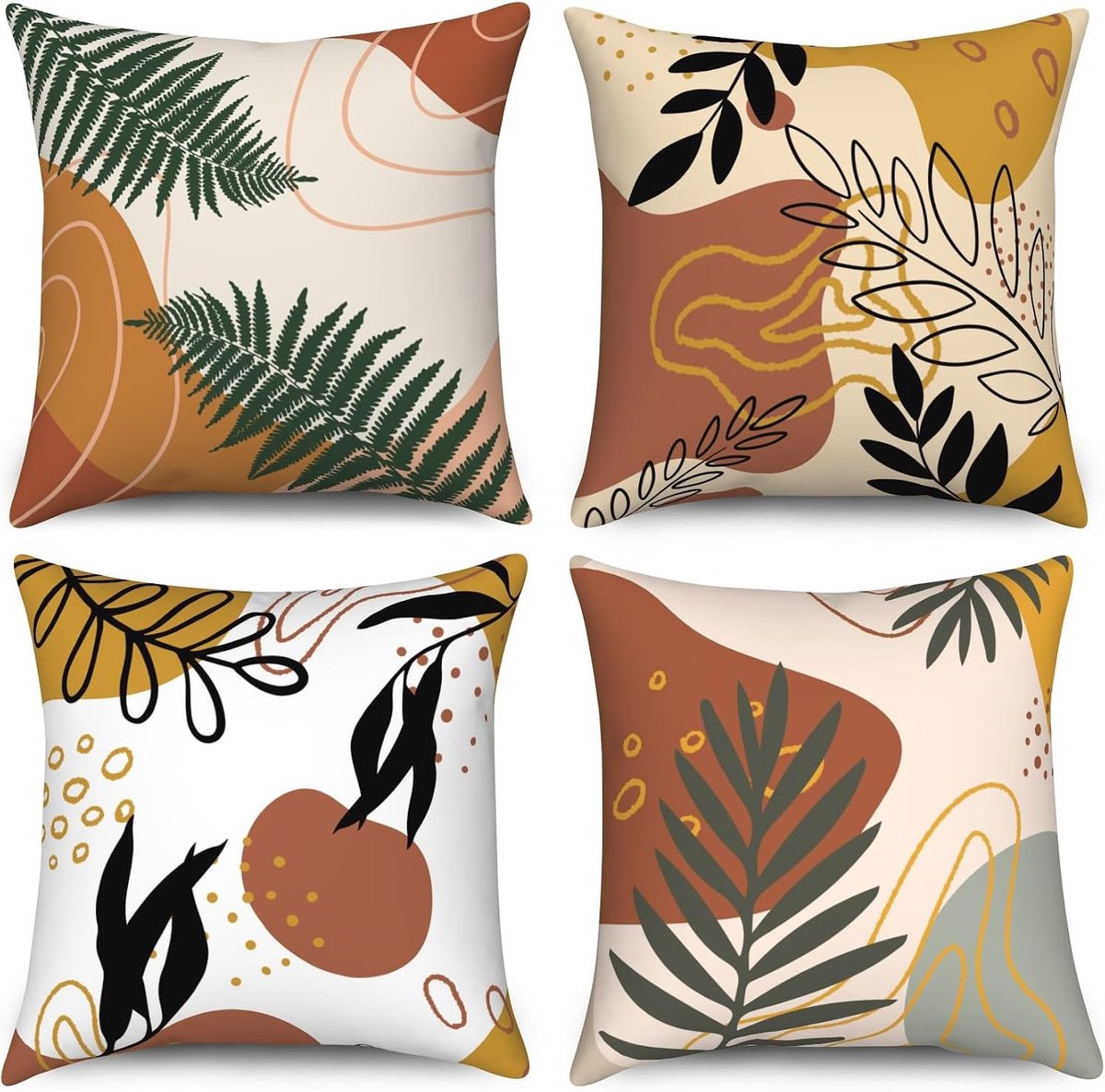Abstracte Kussenhoezen met Boho Groene Bladeren en Terracotta Geometrisch Patroon, Set van 4, 40x40 cm, Perfect voor Sofa en Slaapkamer Decoratie