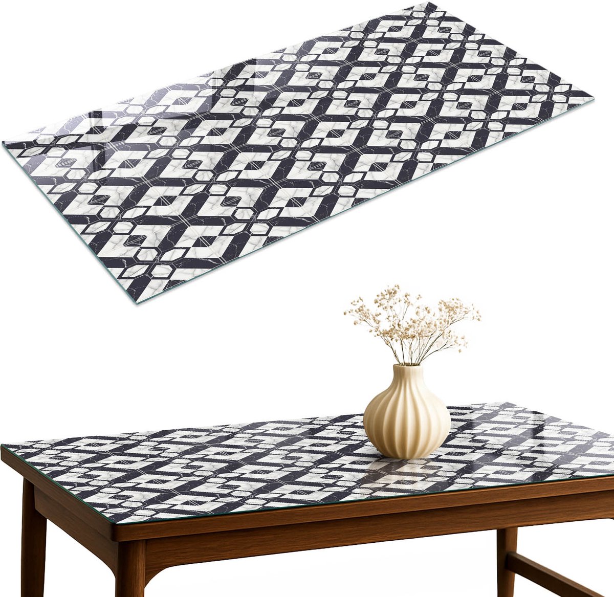 ArtPrintCave Geometrische patronen Glazen Tafelblad 140x70 cm - Tafelblad Rechthoek - Zwart Bureaublad - Geometrie Tafelblad Glas