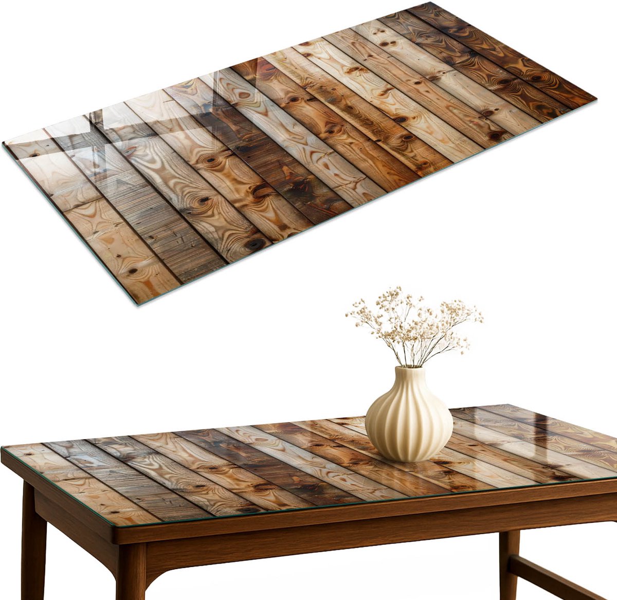 ArtPrintCave Houten planken Glazen Tafelblad 120x60 cm - Tafelblad Rechthoek - Bruin Bureaublad - Texturen Keukentafel
