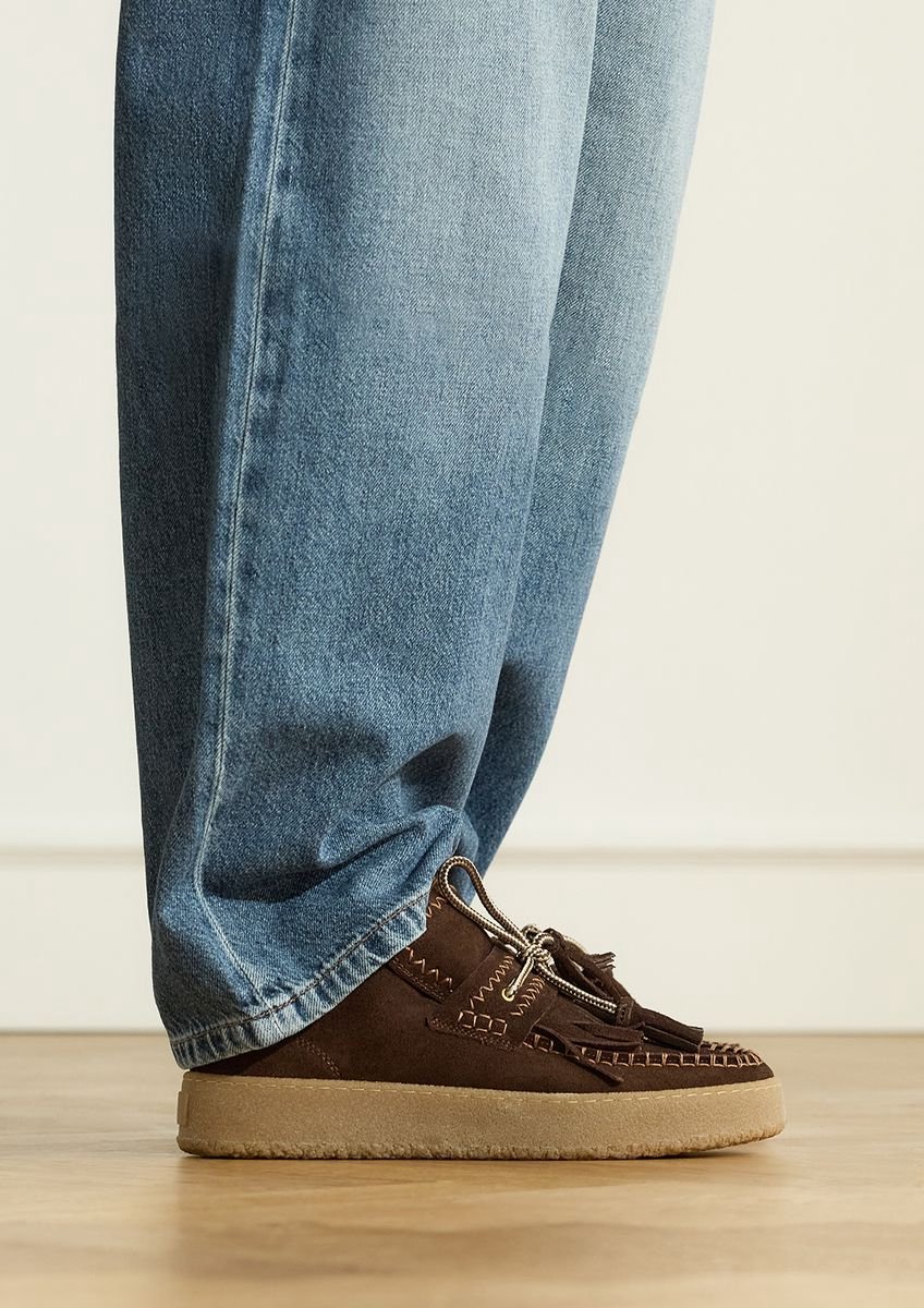 Manfield - Dames - Donkerbruine suède boots met franjes - Maat 40