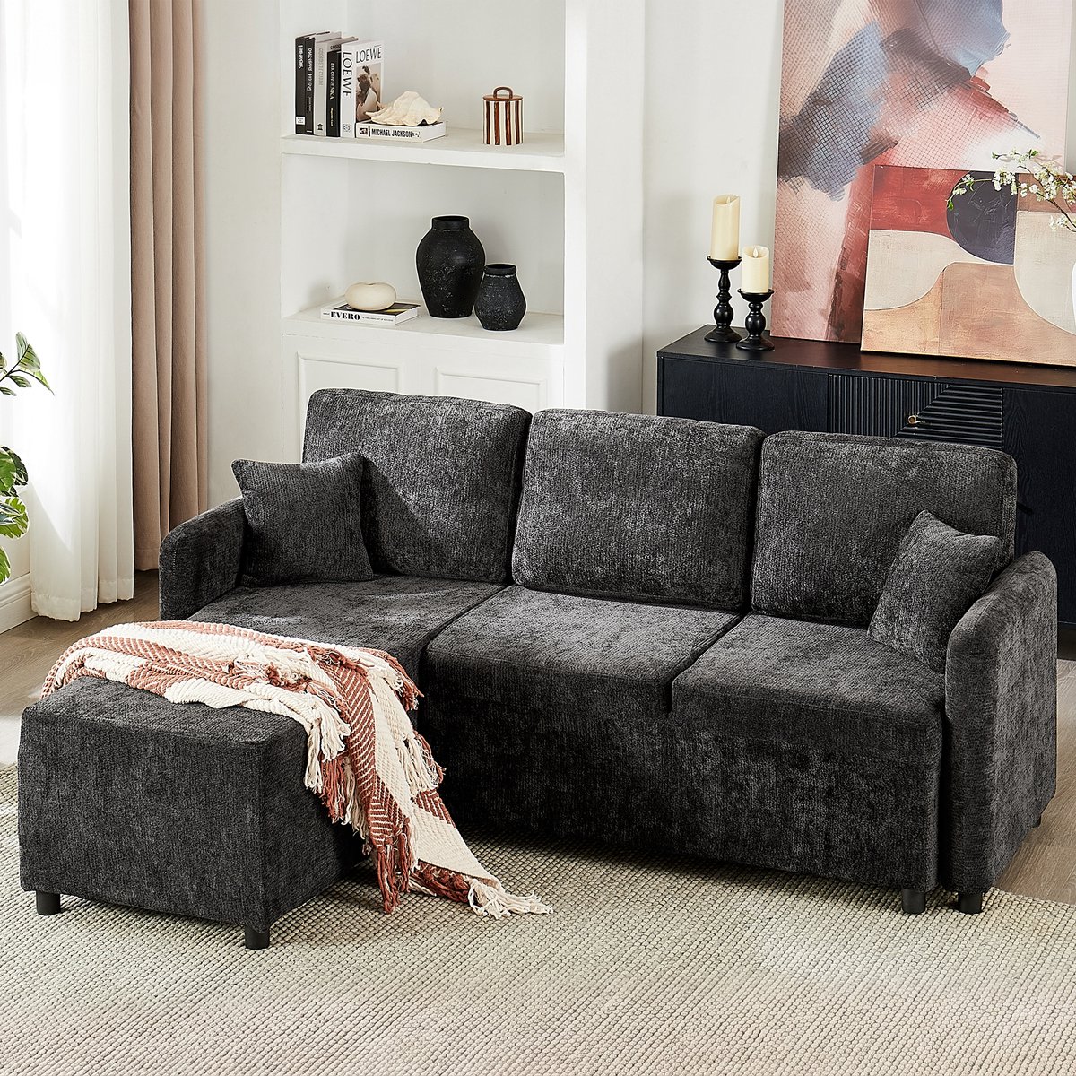 REDOM - Hoekbank 3-zits met lange loungebank - Chenille bekleding - Massief houten frame - Inclusief 2 kussens - Scandinavisch & Basic - Woonkamer - Zwart - 187,5 x 144 x 85,5 cm