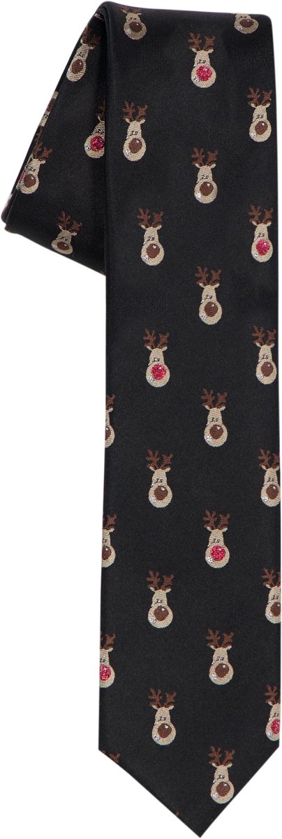 Michaelis Kerst stropdas rendier motief - zwart - rood - bruin