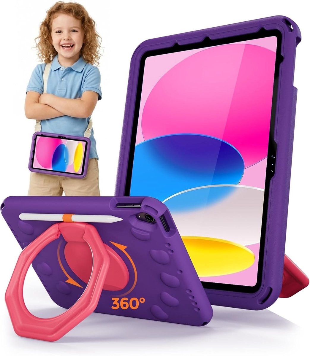 Shockproof iPad Hoes met Penhouder, Ringhouder en Schouderband voor Kinderen - Geschikt voor iPad A16, 10e Generatie, Air 11" M2/M3 en Air 4e Generatie