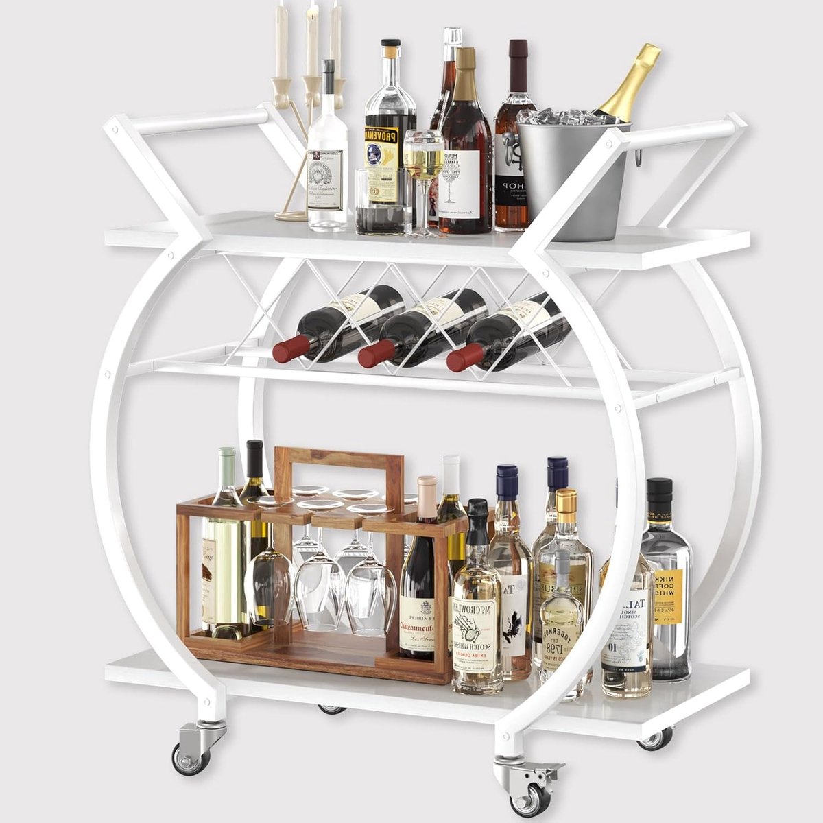 SnelShoppen - LVB Drinkwagen Wit, Stijlvolle Bartrolley met Houten Plank en Metalen Frame, 4 Wielen, Verstelbare Plank voor Keuken en Woonkamer