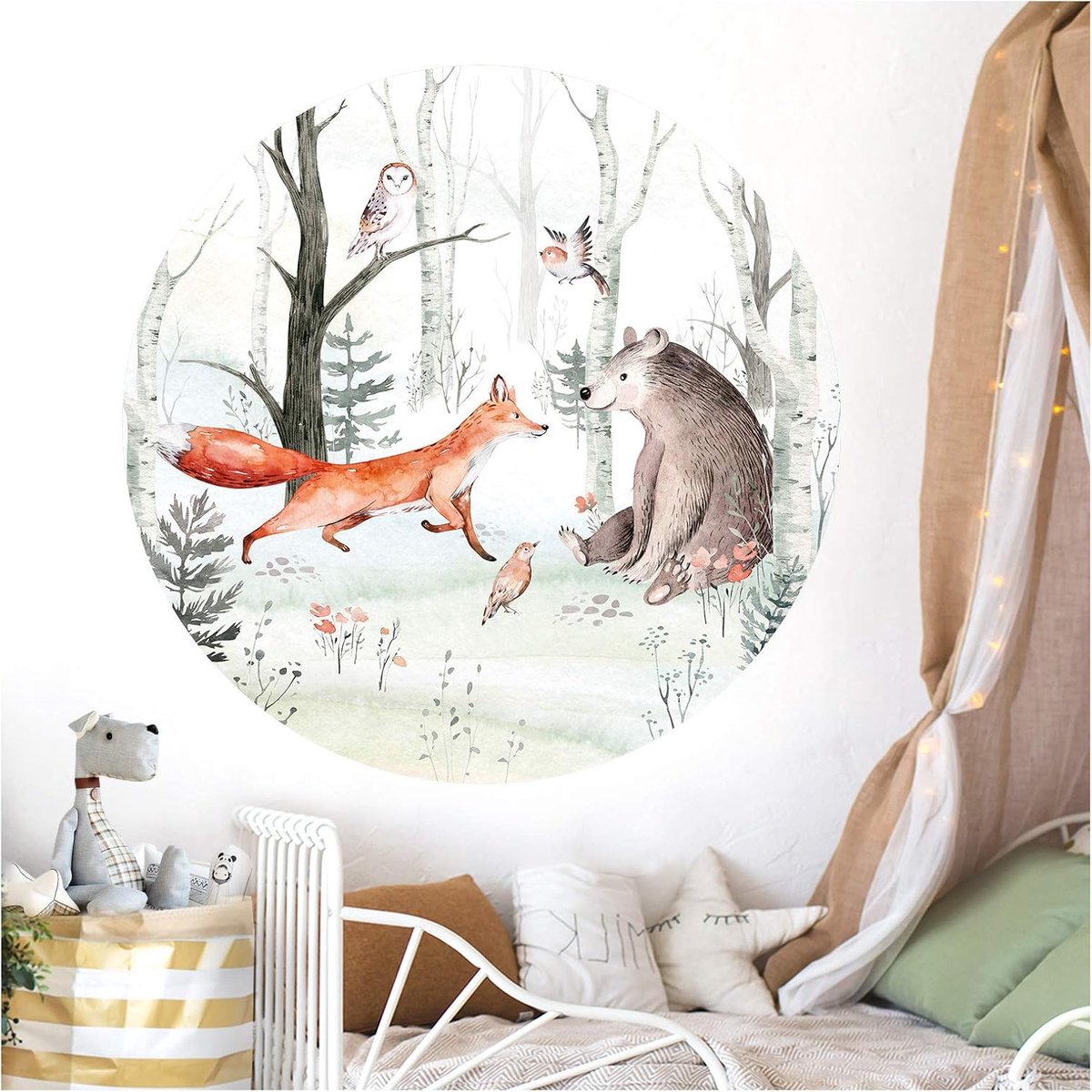 SnelShoppen - Wandsticker Kinderen 60cm Rond Dieren in het Bos Wanddecoratie Speelkamer Sticker Baby Jongens Meisjes Vos Beer DL556