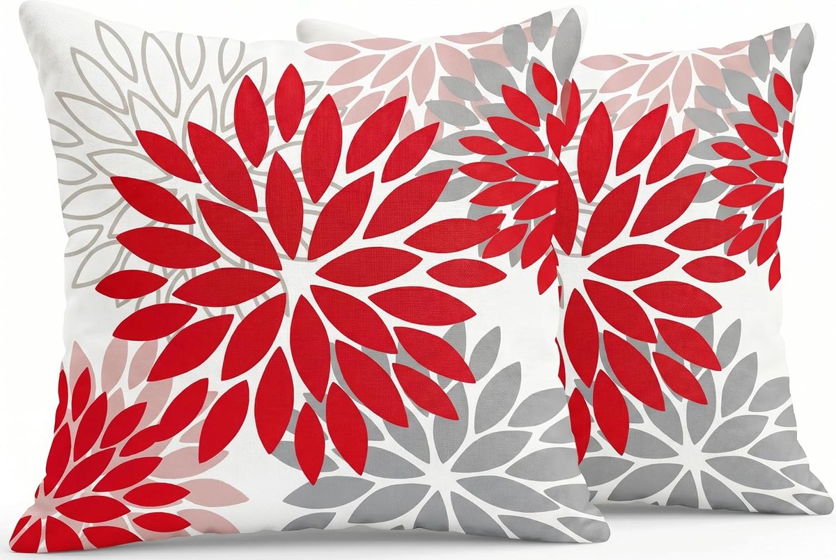 SnelShoppen - Set van 2 Kussenhoezen 45 x 45 cm, Moderne Bloemen Kussen, Dubbelzijdig Patroon, Rood Grijs, Sofa Kussen, Dahlia, Tuin Kussen, Linnen De