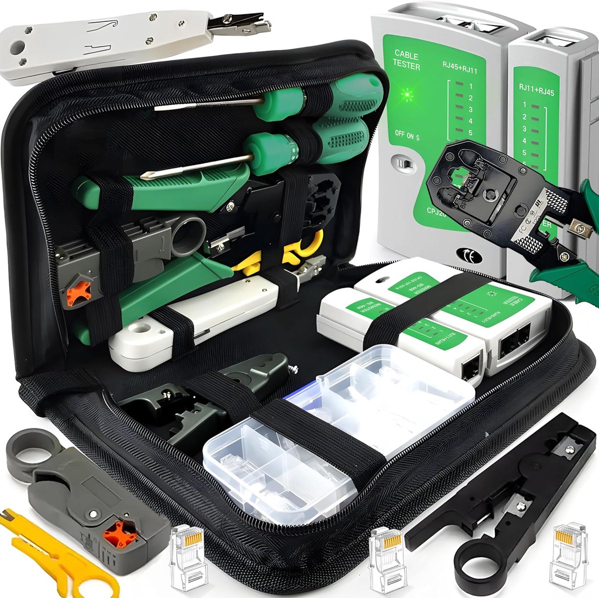SnelShoppen - 9-in-1 Professionele Netwerktester Set met Koffer, LAN Kabel Tester RJ45, RJ11, Kabel Testset, Patch Kabel Tester, Reparatietool voor Ne