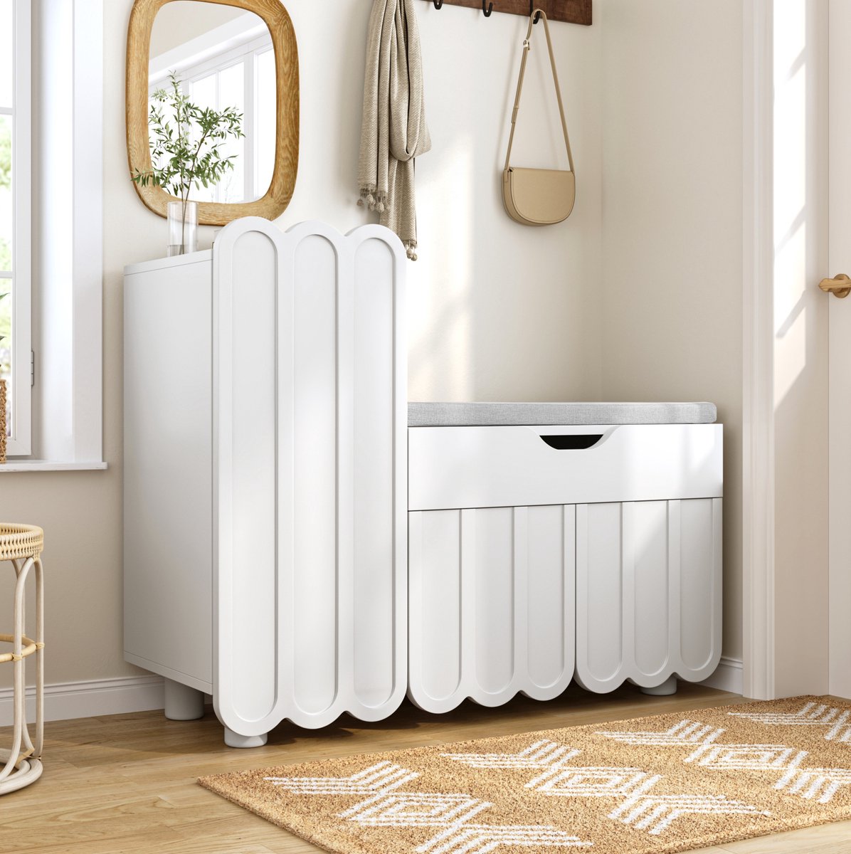 COVREO Schoenenkast 90x35x74,5 cm – wit MDF met 3 deuren, lade en gevoerde zitting