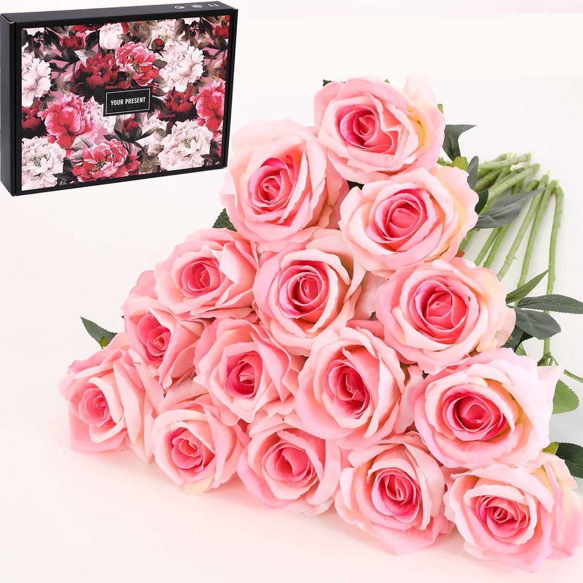 SnelShoppen - 15 stuks kunstmatige rozen, velvet echte touch, enkele stam nep rozen, zijde bloemen, realistische decoratie voor bruiloft, feest, thuis