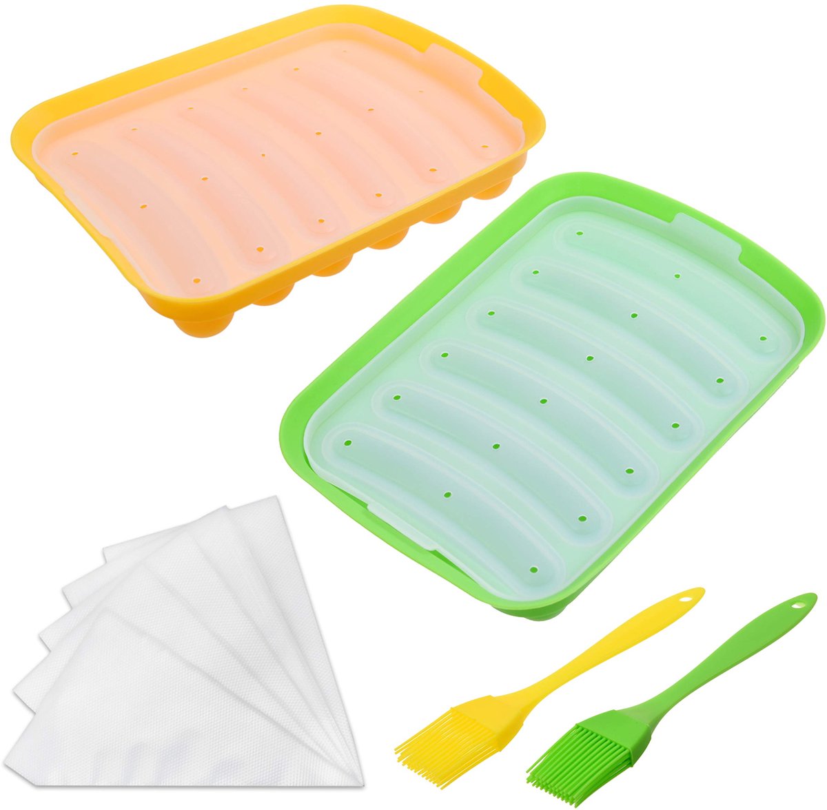 Dailygoods- Worstvormpjes Antiklevend - 2x Siliconen Mal - 6-Holte Hotdog Maker - Inclusief 2x Mini Borstels - 20x Spuitzakjes - Flexibele DIY Worsten - Worstmaker