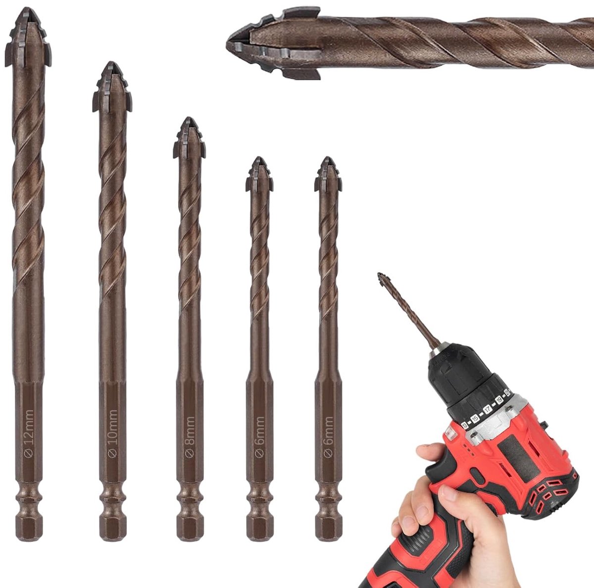 SnelShoppen - 5-delige Knurled Eccentric Boorbits Set - RVS Borenset met 4 Maten voor Beton, Steen, Hout, Glas en Keramische Tegels