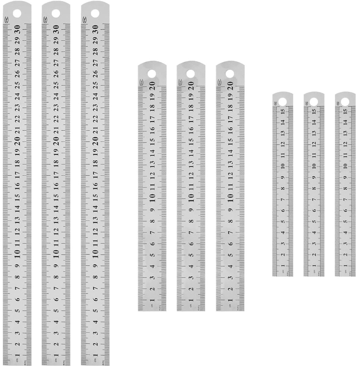 SnelShoppen - 9-delige Set Roestvrijstalen Linialen 15 cm, 20 cm, 30 cm met Dubbelzijdige Schaal voor Nauwkeurig Meten, Onderwijs, Tekenwerk, Kantoor,