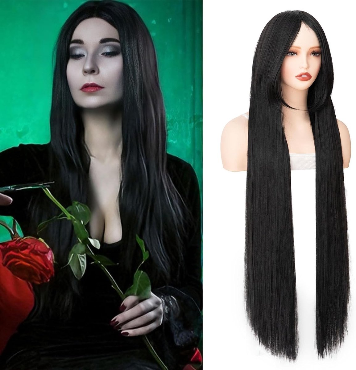 Zwarte Lange Peruc met Bangs van 40 Inch voor Halloween, Cosplay en Anime Feestjes