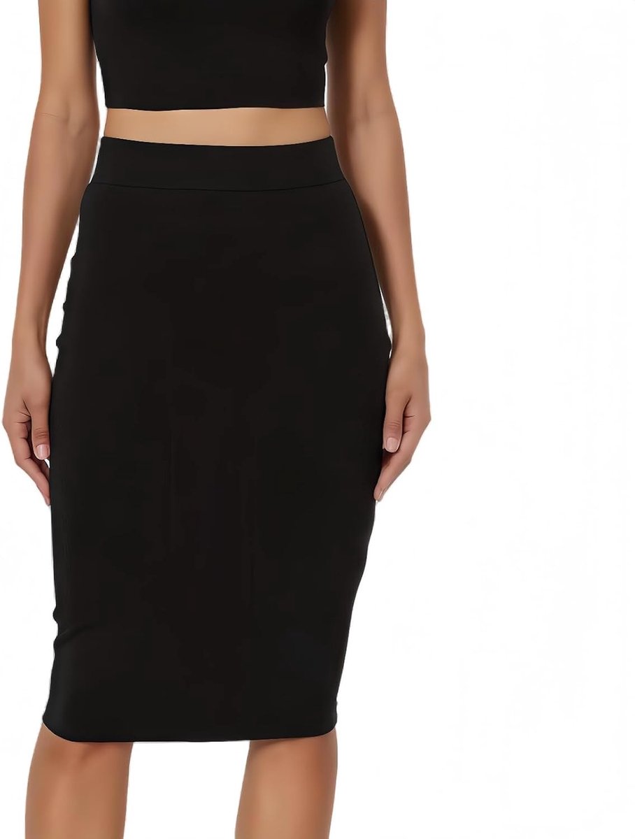 Dames Bodycon Midi Rok, Hoge Taille, Rekbaar, Zwart, Knielengte, Geschikt voor Kantoor, Feest en Casual Gebruik