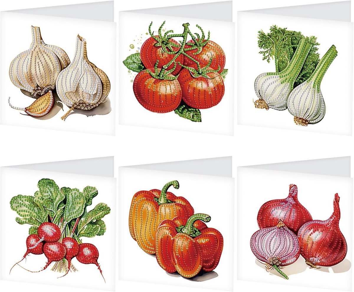 SnelShoppen - Diamond Painting Kaarten Set van 6 - Groenten, Tomaten, Pompoen - Inclusief Enveloppen - Creatieve Wenskaarten voor Verjaardag, Bedankje