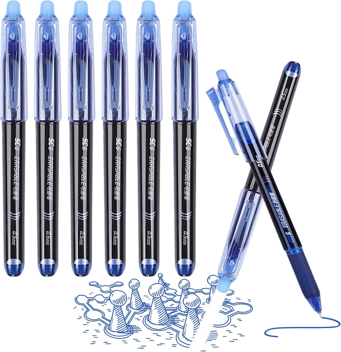 SnelShoppen - 6 Erasable Gelpennen met Blauwe Gum, 0.5mm Punt, Rollerball Pennen voor School, Kantoor, Creatief Schrijven, Ideaal voor Studenten en Vo