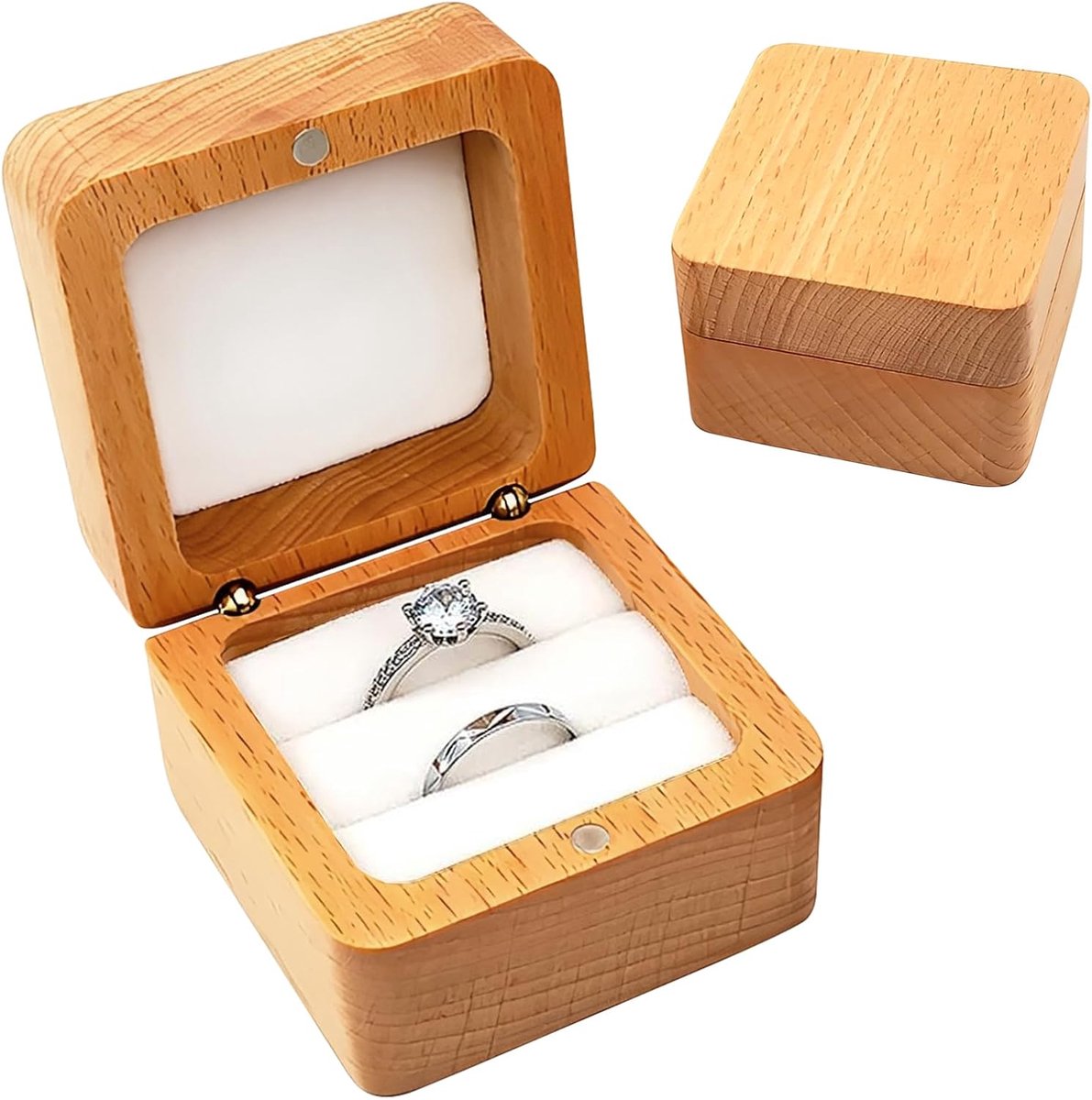 SnelShoppen - Houten Ringdoos Vintage met Dubbele Sleuf, 6x6x4 cm, Vierkante Ringdoos met Fluwelen Binnenkant voor Huwelijksaanzoek, Verloving, Bruilo