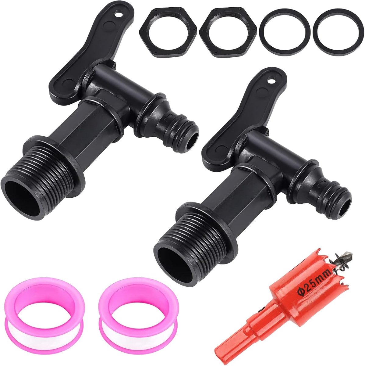 SnelShoppen - 3/4 Inch Plastic Water Tank Drain Tap - 25mm Opening, Waterproof Strip, 2-Pack - Perfect voor Tuin en Thuis
