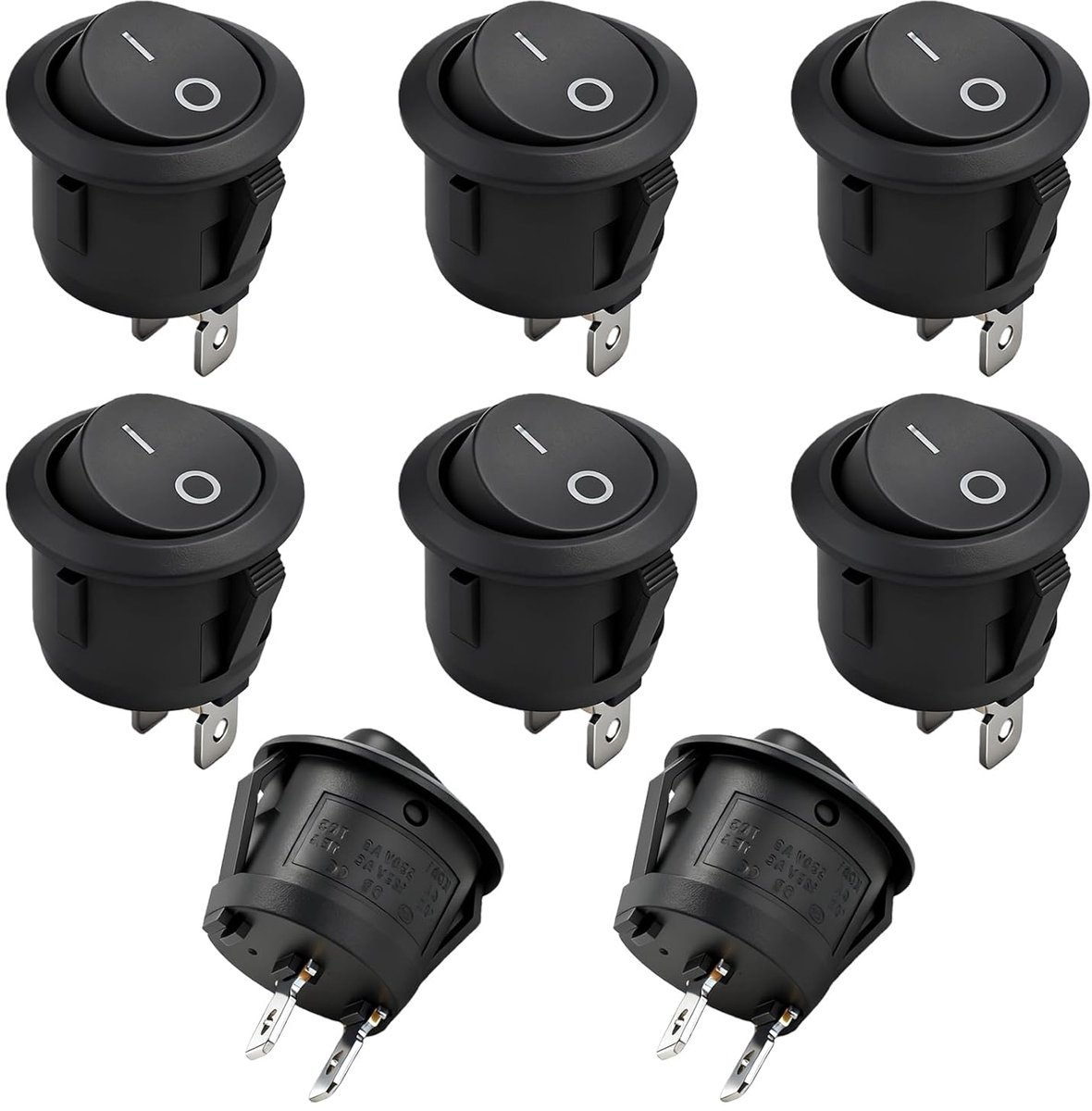 SnelShoppen - 8 Stuks Mini Rocker Switch, Rond On/Off Schakelaar 12V, Zwart, 10A/125V, 6A/250V, Voor Auto, Boot, Huishoudelijk Gebruik
