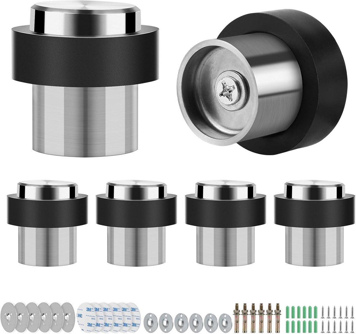 SnelShoppen - Set van 6 Deurstopper 32 mm Diameter, 45 mm Hoog, RVS Deurstopper met Schroeven en 3 m Lijm, 3 Installatiemethoden, Geluiddempende, Duur
