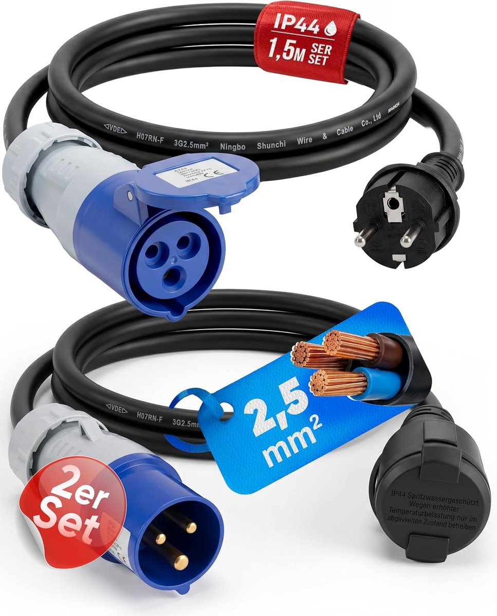SnelShoppen - 2x CEE adapter CEE plug op geaard coupler geaard stekker naar CEE socket 230V 16A voor camping, caravan, bouwplaats, weerbestendig