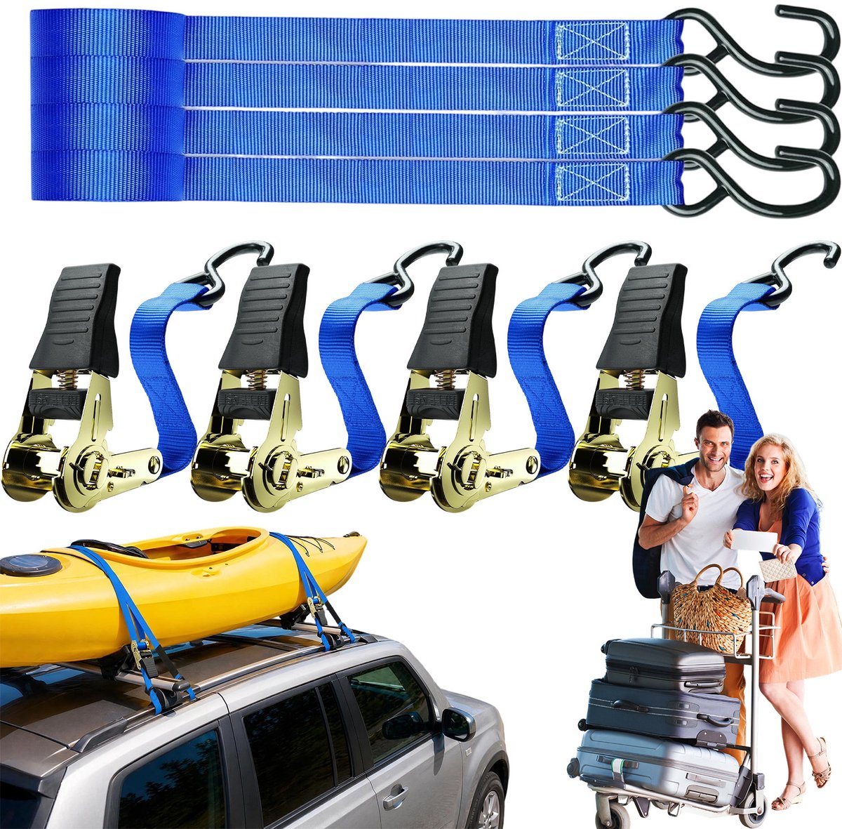 Spanbanden Set - 8 Spanbanden - 2,5cm x 4,6m - 4 Ratelbanden & 4 S-haakbanden - 680kg Breeksterkte - Rubberbeschermde Haken - Antislip Ratelmechanisme - Voor Motor, Scooter & Aanhanger