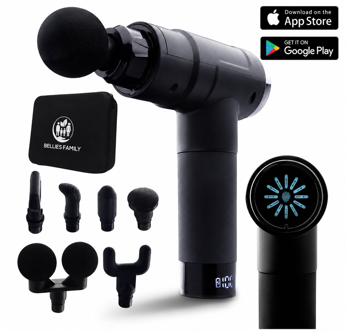 Bol.com Bellies Family – Massage gun PRO – Samengesteld door MSc. Fysio – Incl. App – 12 Snelheidsstanden – Diepe Spierstimulati... aanbieding
