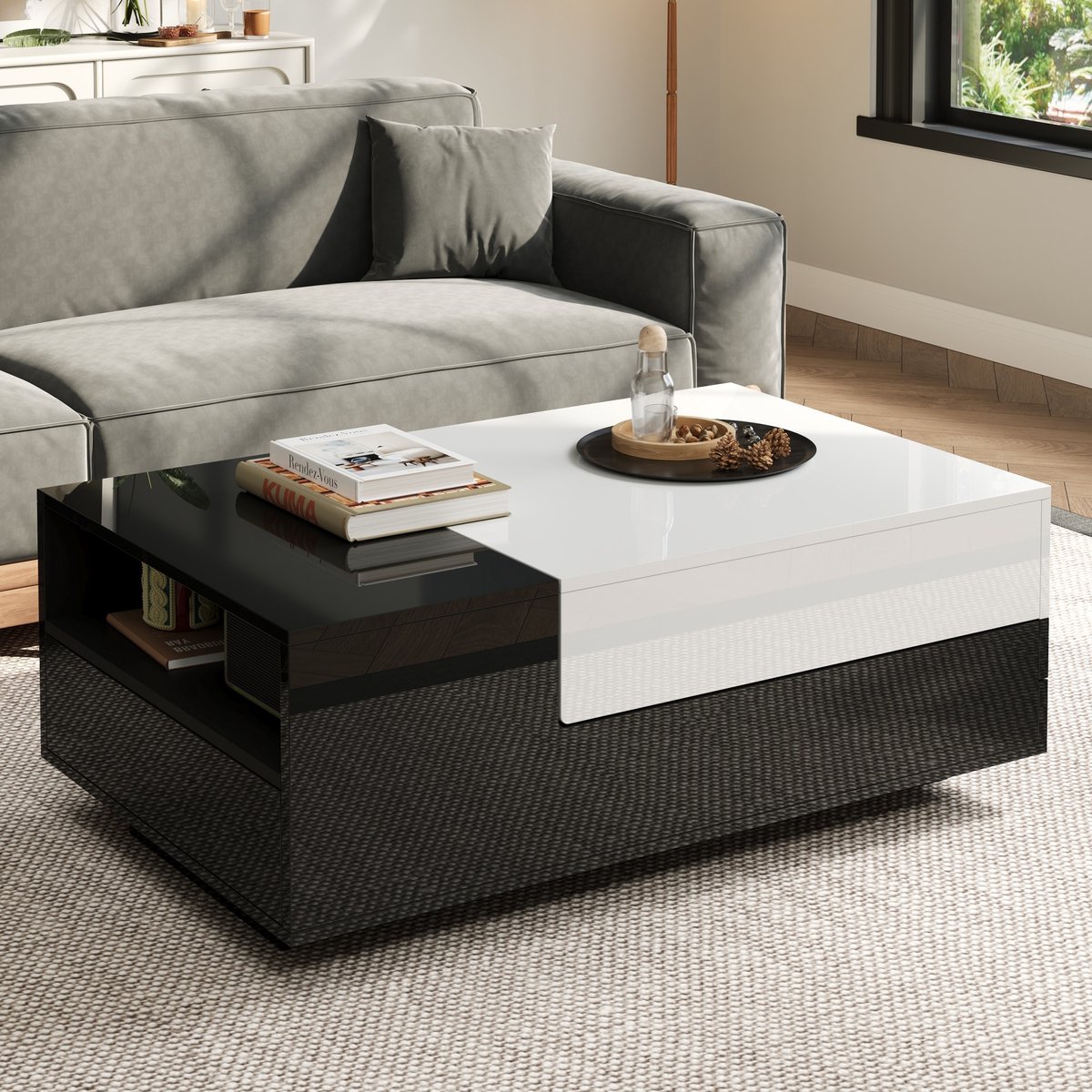 Salontafel 100 x 50 x 38 cm - zwart wit, hoogglans, met lades en opbergruimte