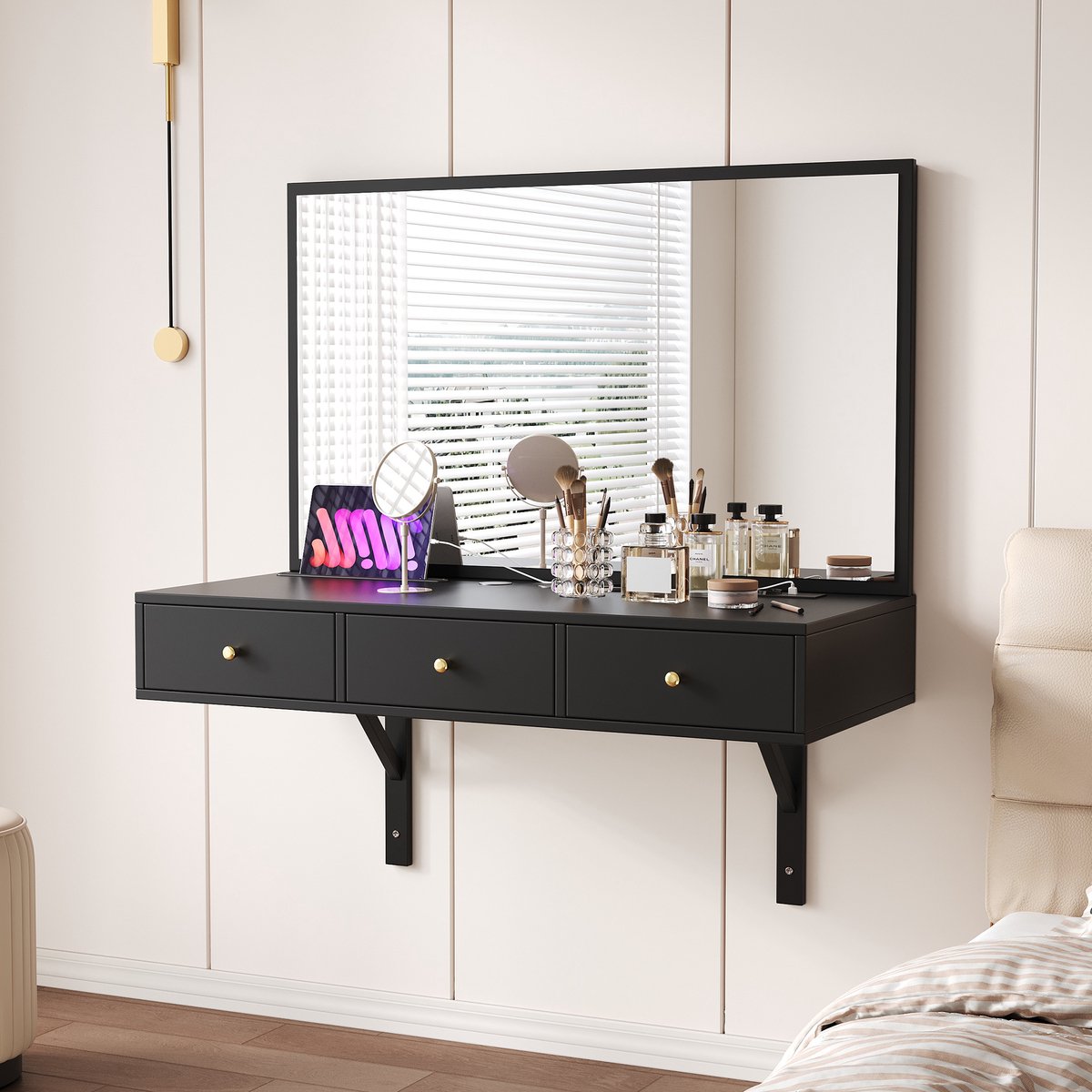 COVREO Kaptafel 100x45x105 cm – zwart, spaanplaat, met spiegel en 3 lades
