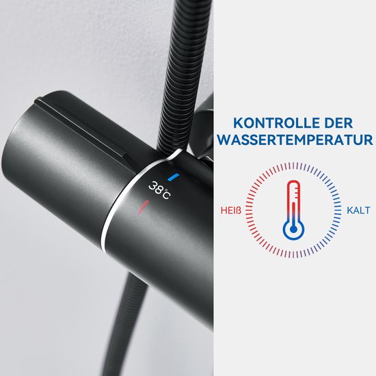 Illustratie van de thermostaatkraan die de watertemperatuur regelt, van heet naar koud.