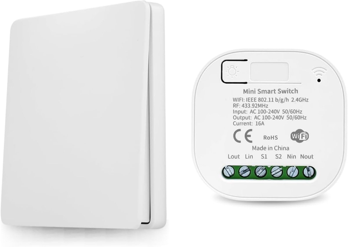 SnelShoppen - Draadloze Schakelaar 16A Mini WiFi Ontvanger met Afstandsbediening, Compatibel met Alexa/Google Home, Smart Life/Tuya App, 100-240V, Ide