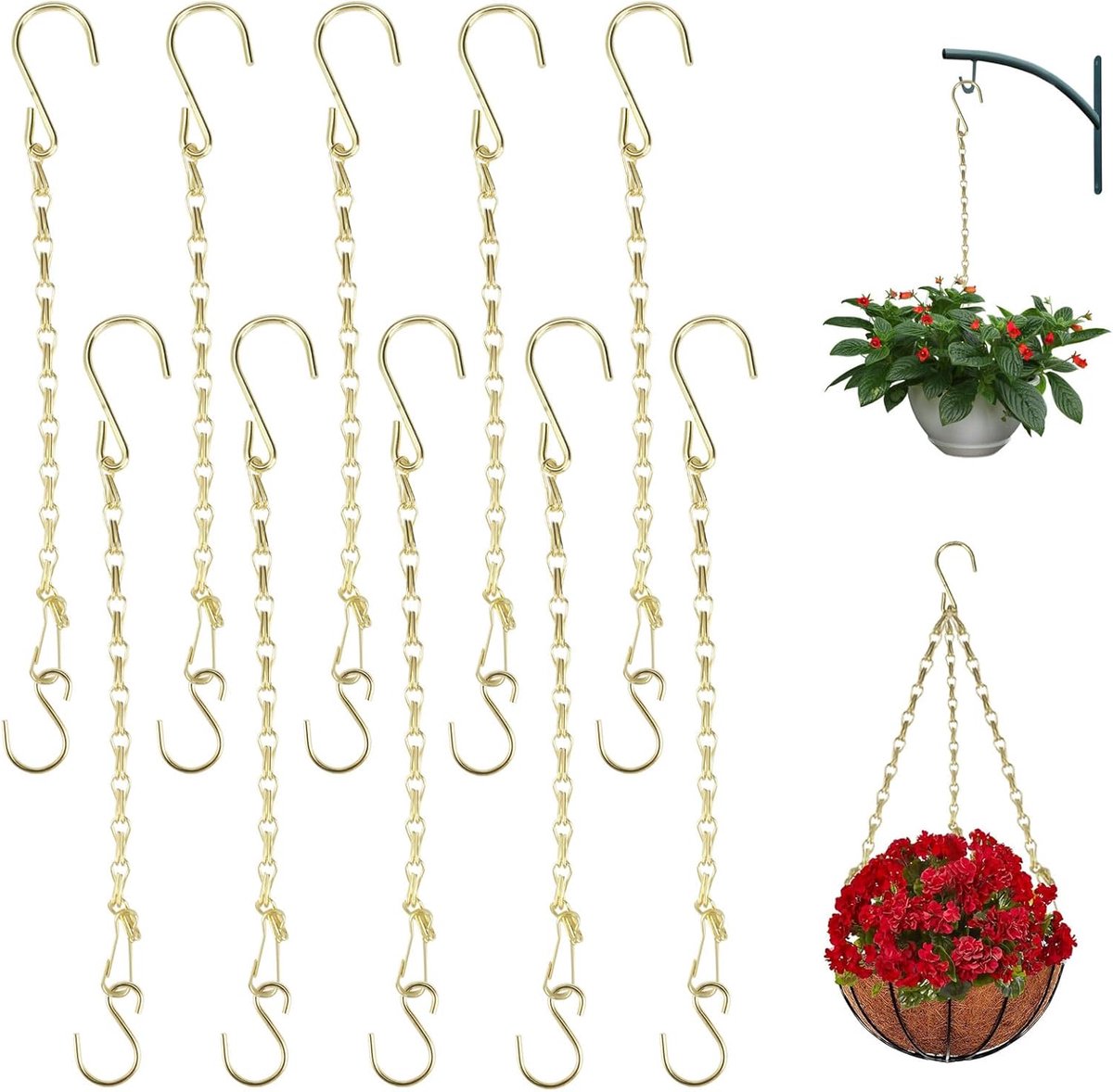 SnelShoppen - 10-delige Set Metaal Bloem Hanger Kettingen 25cm Goud met S-Haakjes voor Tuin, Planten, Lampionnen en Windgongen