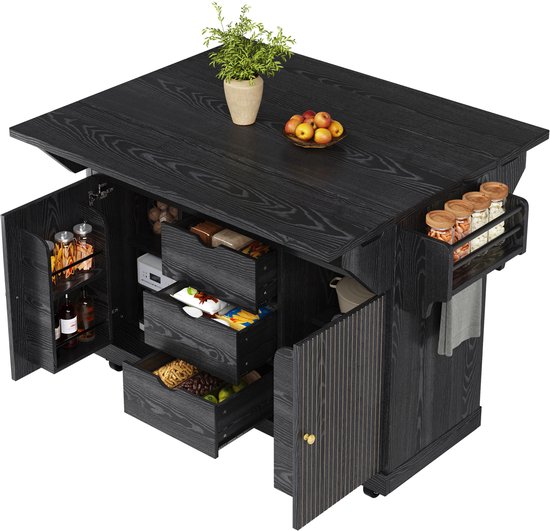 OKWISH Buitenkeuken Keukenwagen - Uitklapbare Zijtafels - 3 Lades En Opbergruimte - Verrijdbaar Met Rem - MDF En Metaal Zwart - 142,5×80×95 cm van okwish — afbeelding 5